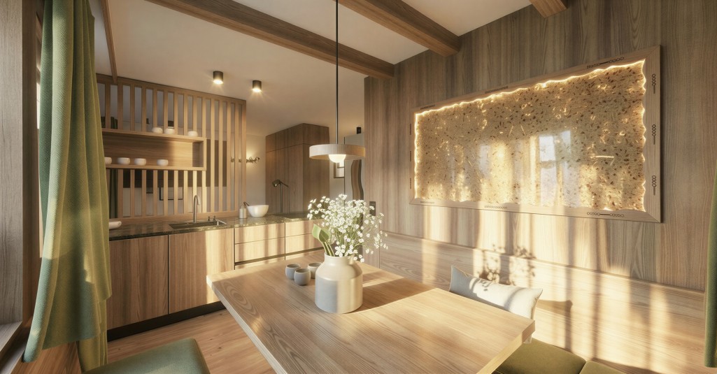 Moderne Küche aus Holz mit Tisch, gemütlicher Beleuchtung und großer Wanddekoration